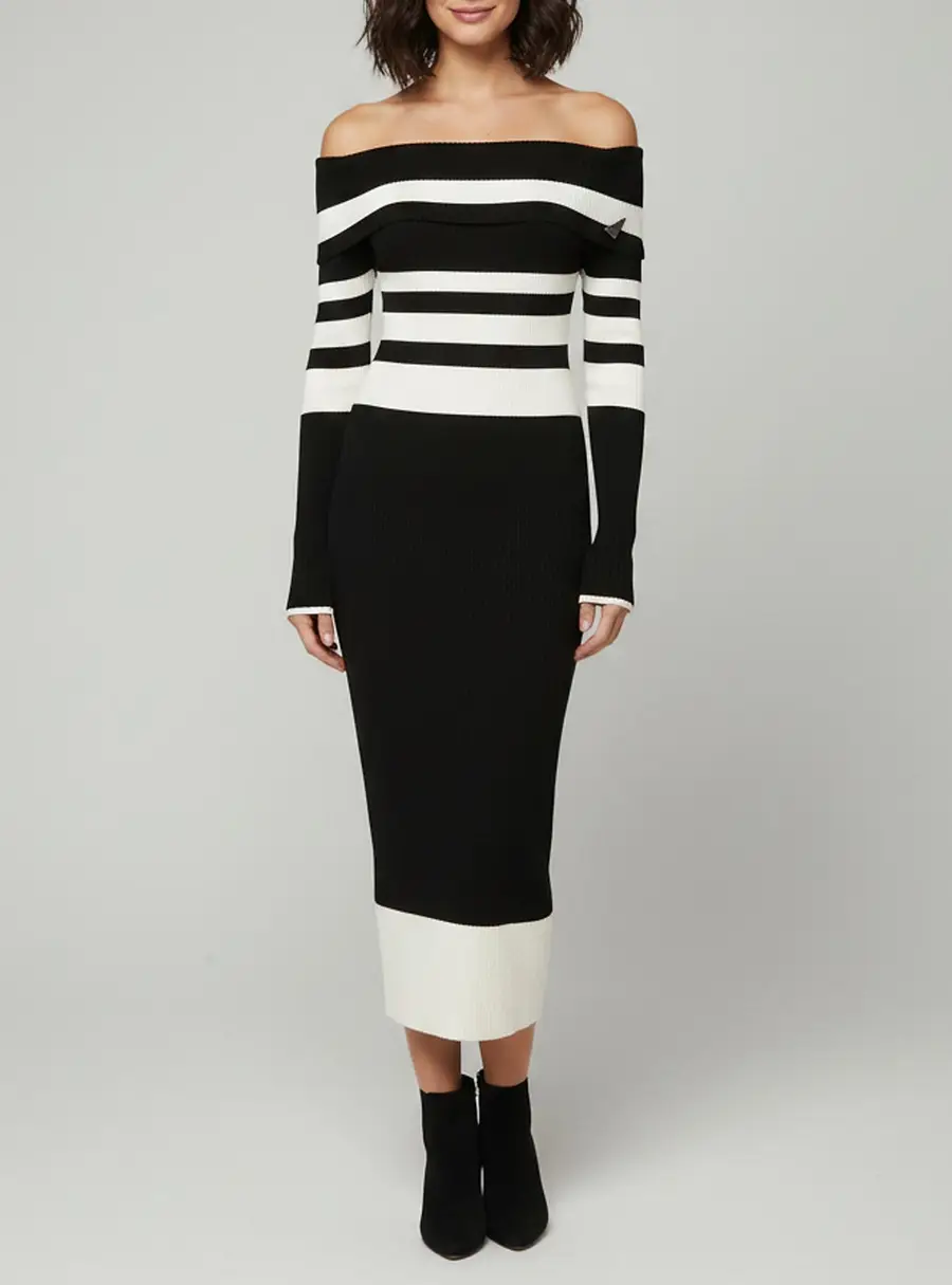 The Attico Black/White Striped Knit Off Shoulder Amilia Midi Dress S