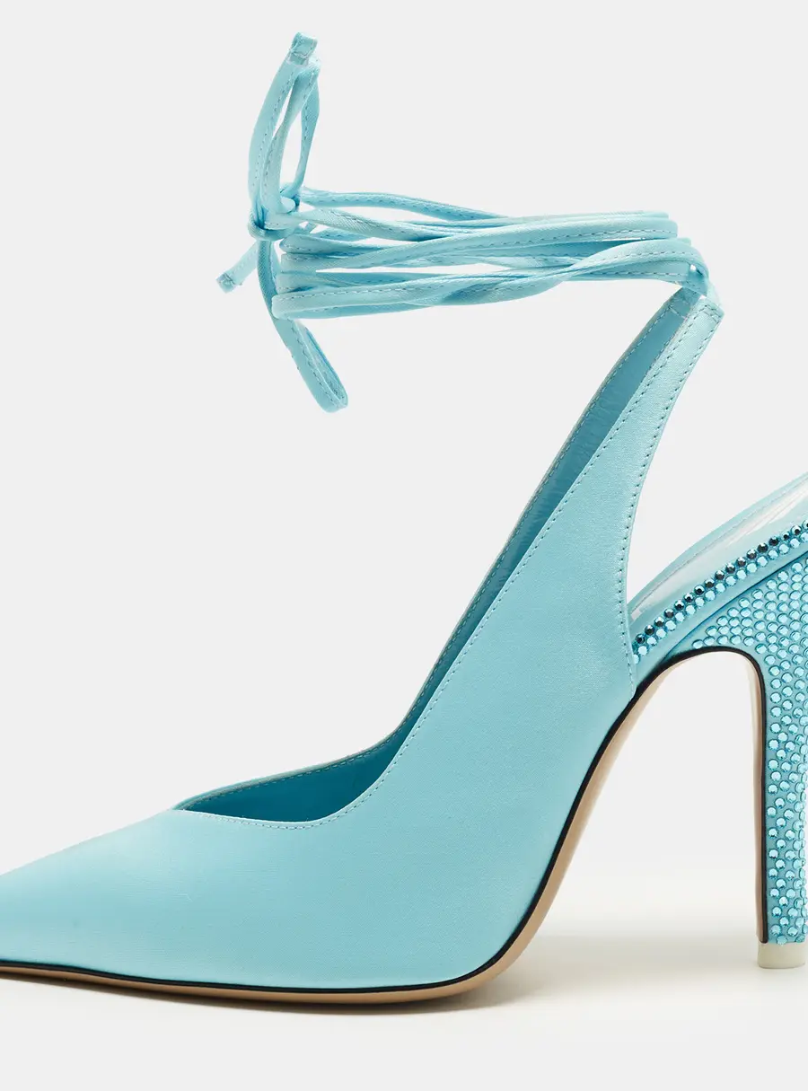 The Attico Venus Crystal Embellished Size 38 Blue Satin Ankle Wrap Pumps