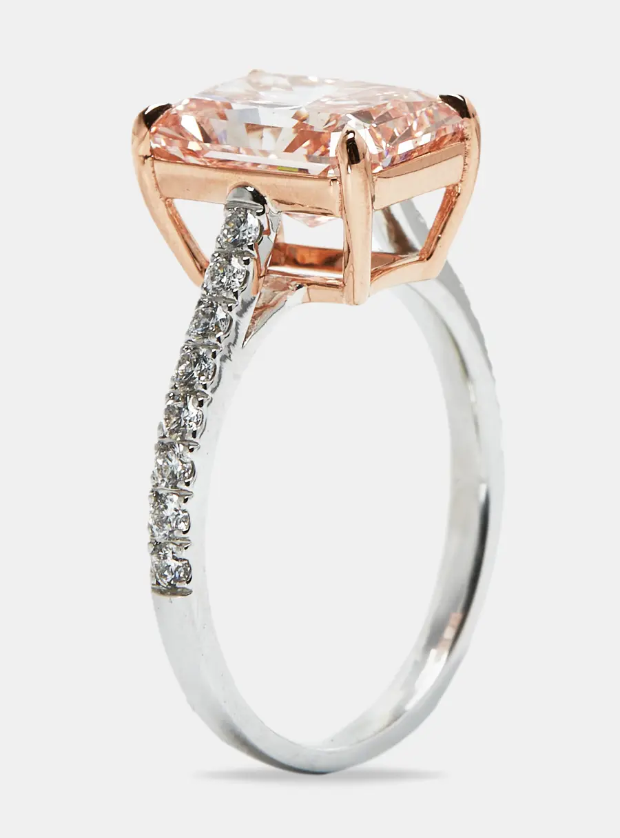 3.40 cts Pink Radiant and Round Lab Grown Diamond 18k Two Tone Gold Ring Size 52