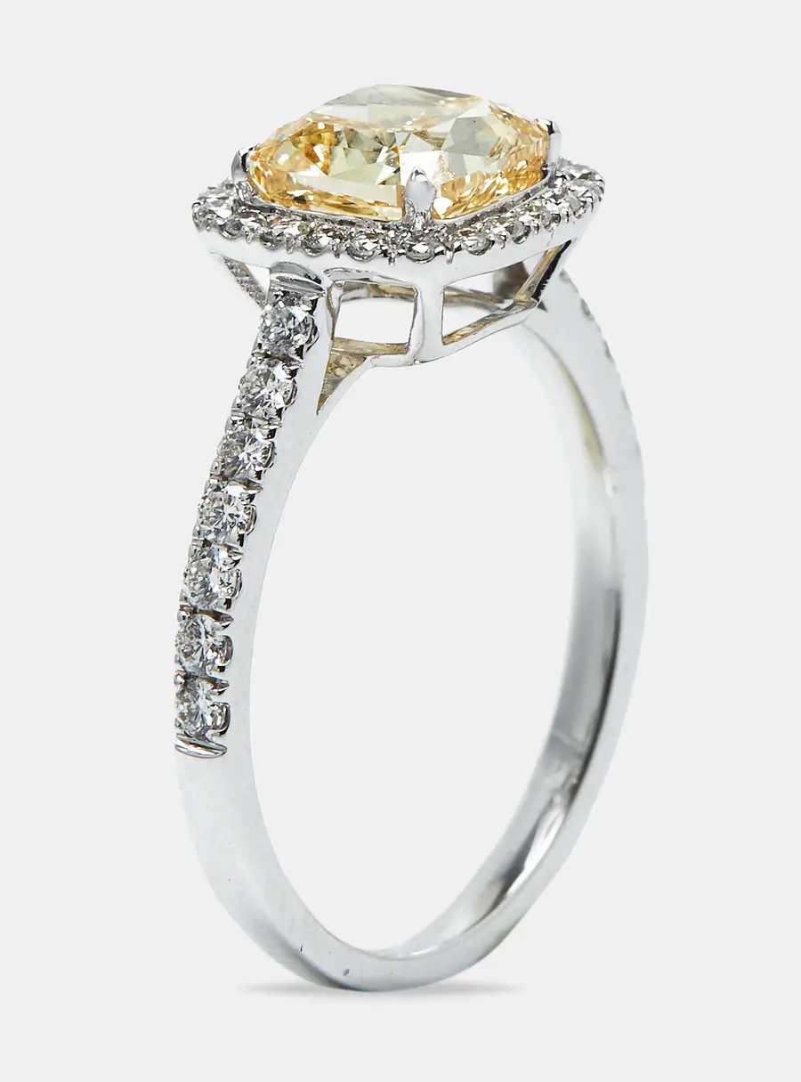 2.00 cts Yellow Cushion Cur and Round Lab Grown Diamond 18k White Gold Ring Size 51