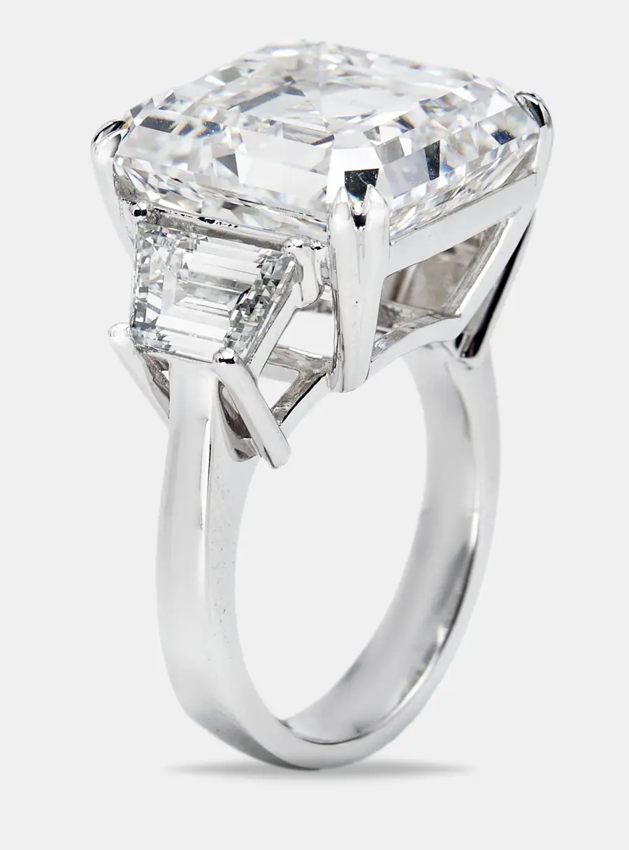 18.50 cts Asscher Cut and Trapezoid Lab Grown Diamond 18k White Gold Ring Size 52