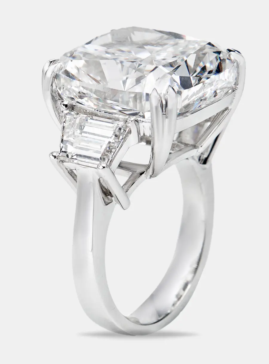 22.00 cts Cushion Cut and Trapezoid Lab Grown Diamond 18k White Gold Ring Size 52