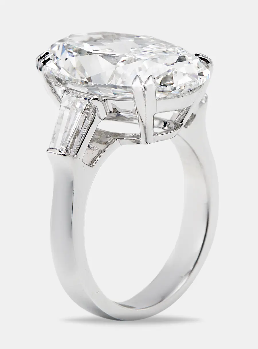 11.00 cts Oval Cut and Trapezoid Lab Grown Diamond 18k White Gold Ring Size 52