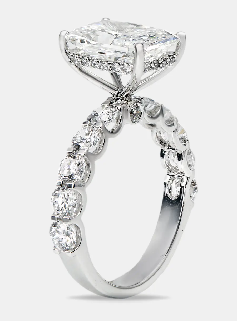 5.15 cts Radiant Cut and Round Lab Grown Diamond 18k White Gold Ring Size 53