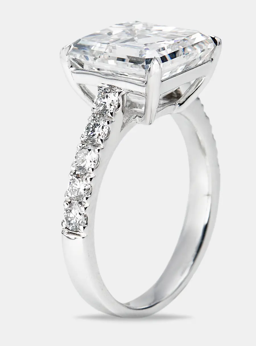 5.50 cts Asscher and Round Lab Grown Diamond 18k White Gold Ring Size 51