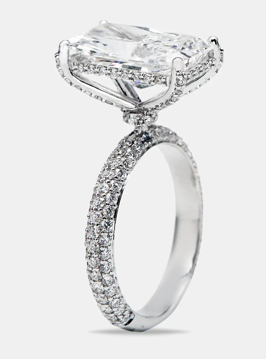 6.20 cts Radiant and Round Lab Grown Diamond 18k White Gold Ring Size 53