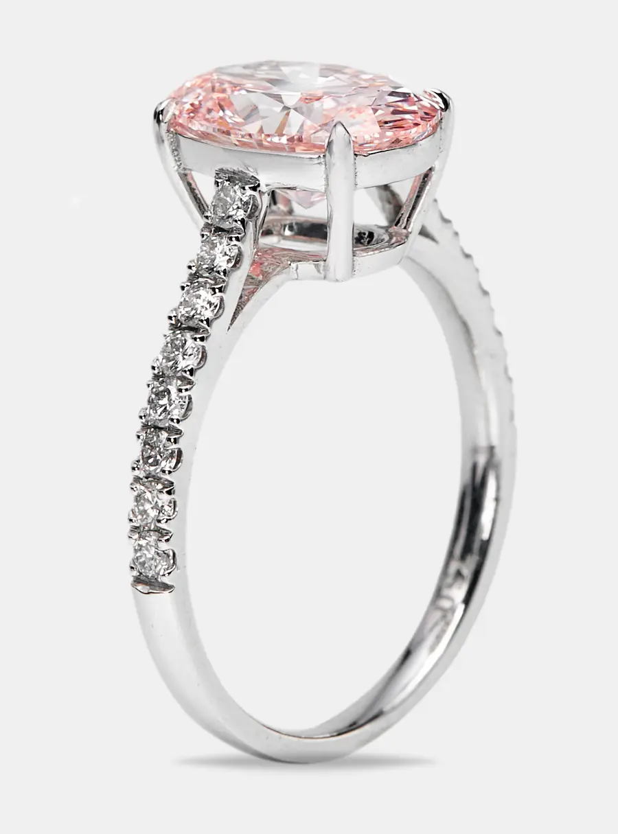 2.30 cts Pink Oval and Round Lab Grown Diamond 18k White Gold Ring Size 51