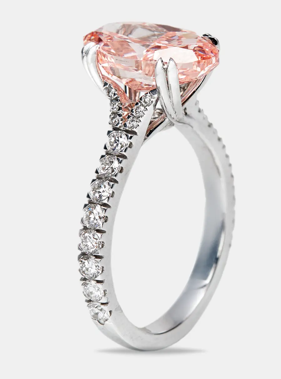 4.80 cts Pink Oval Cut and Round Lab Grown Diamond 18k White Gold Ring Size 53
