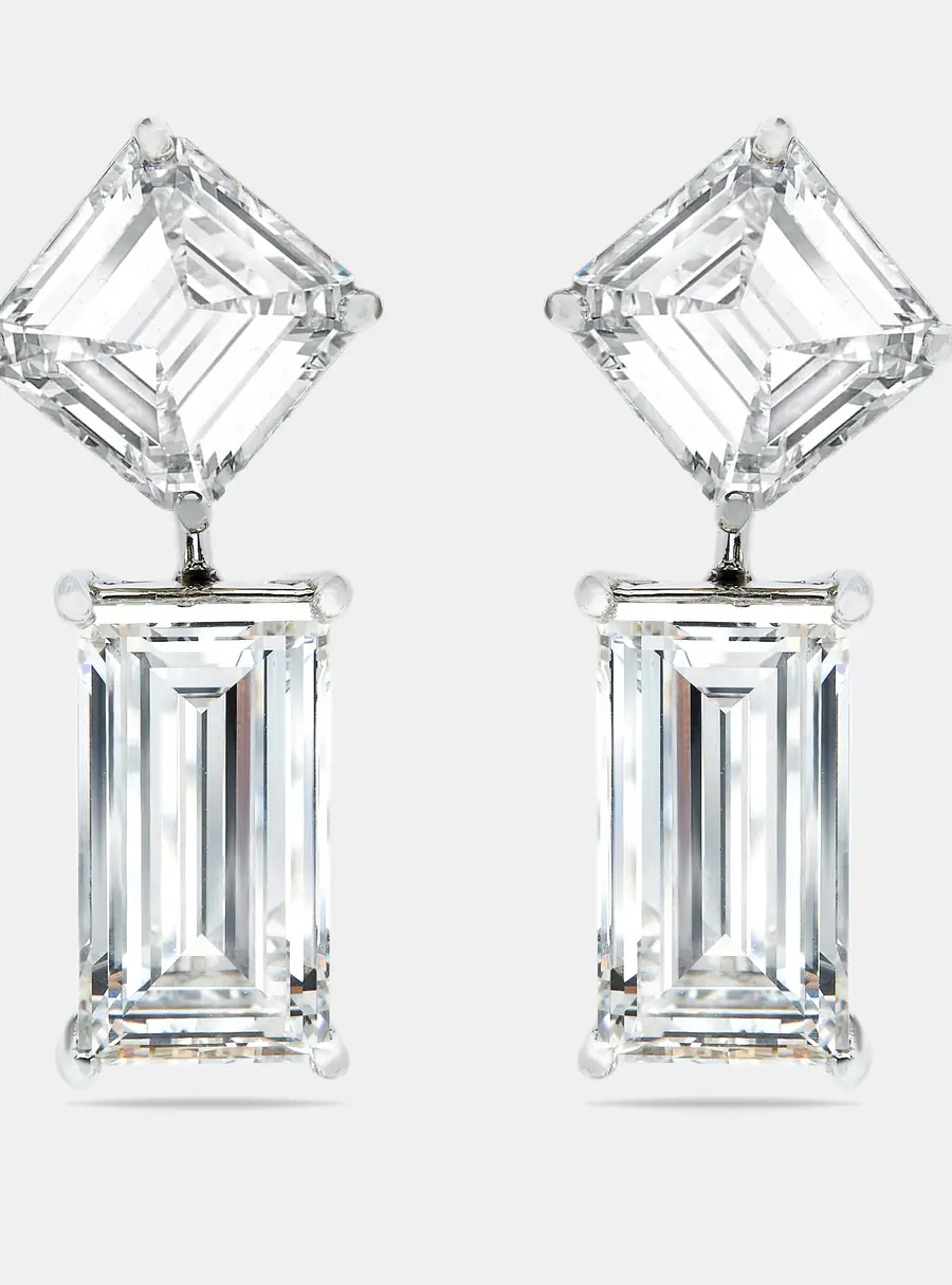 24.25 cts Asscher and Baguette Cut Lab Grown Diamond 18k White Gold Earrings