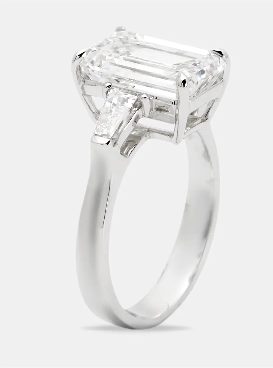4.60 cts Emerald Cut and Tapper Lab Grown Diamond 18k White Gold Ring Size 53