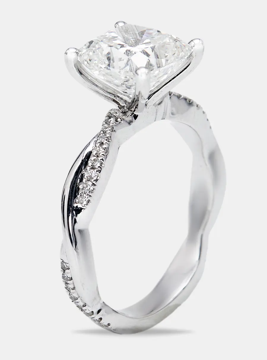 3.20 cts Cushion Cut and Round Lab Grown Diamond 18k White Gold Ring Size 53