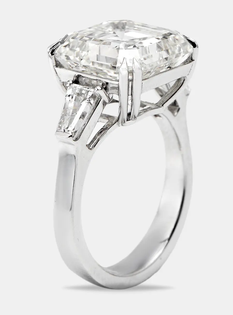 11.00 cts Asscher Cut and Trapezoid Lab Grown Diamond 18k White Gold Ring Size 54