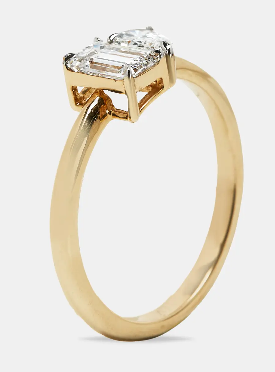 1.00 cts Emerald Cut and Pear Lab Grown Diamond 18k Yellow Gold Ring Size 52
