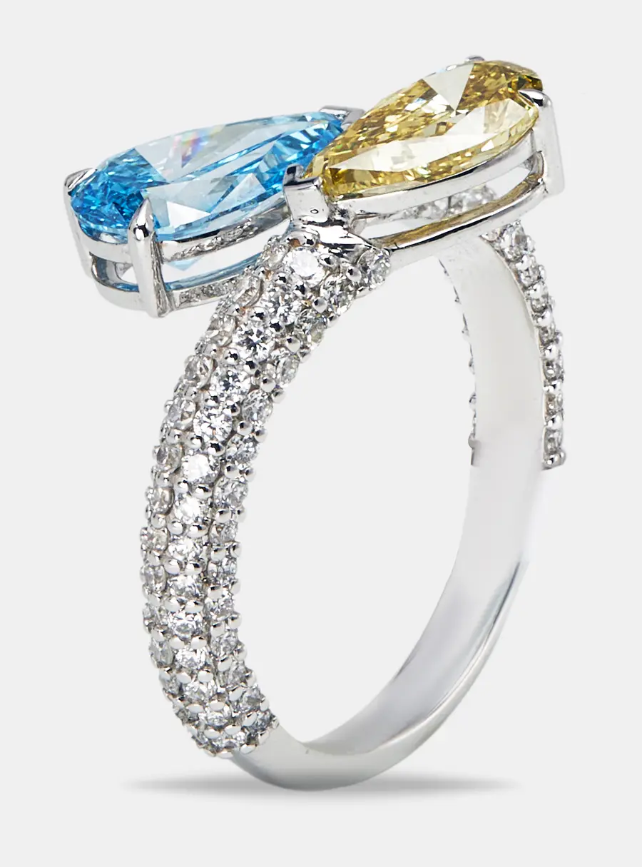 3 cts Fancy Color Pear and Round Lab Grown Diamond 18k White Gold Ring Size 52