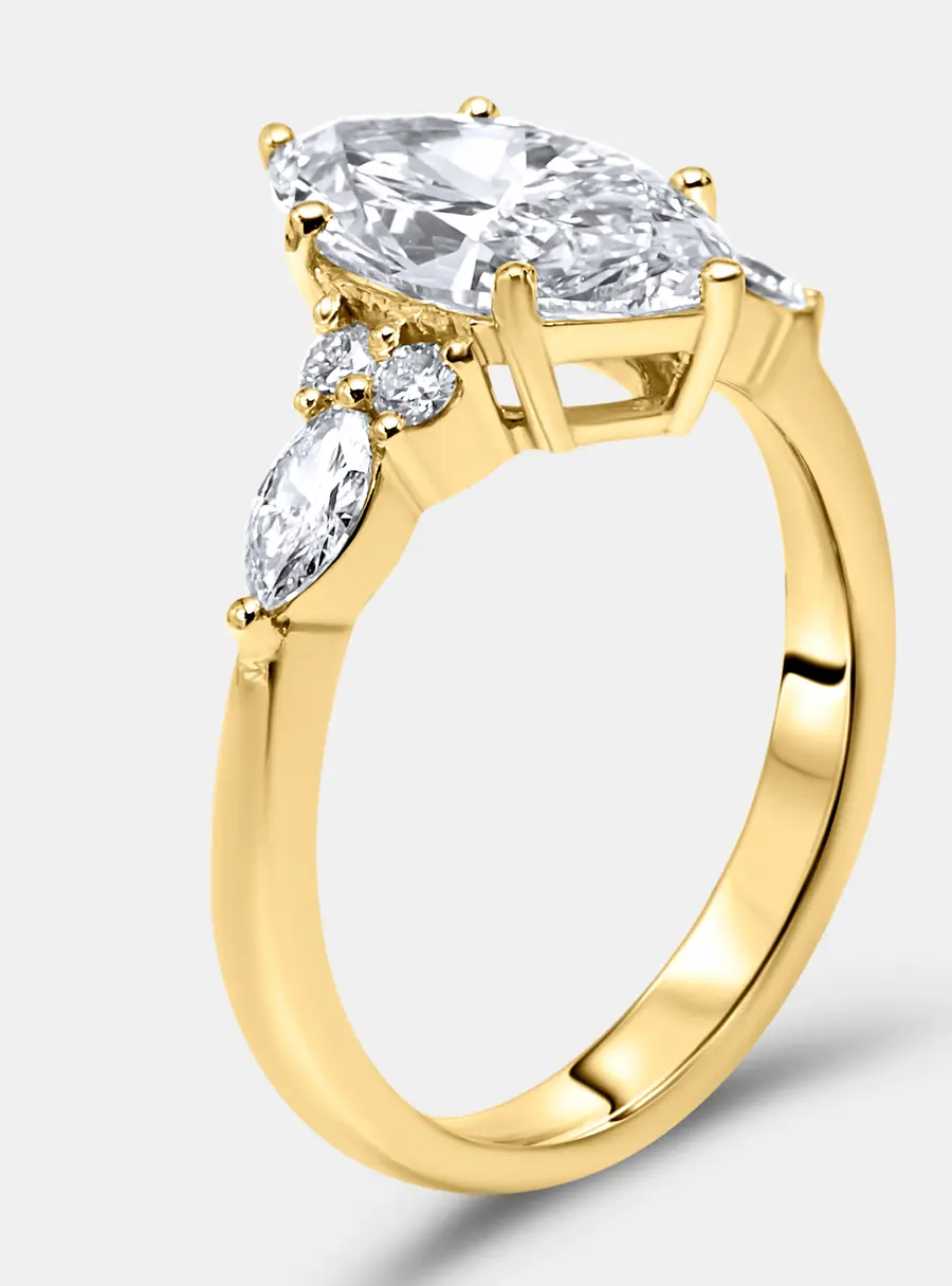 2.3 cts Marquise and Round 18k Yellow Gold Lab Grown Diamonds Ring Size 53