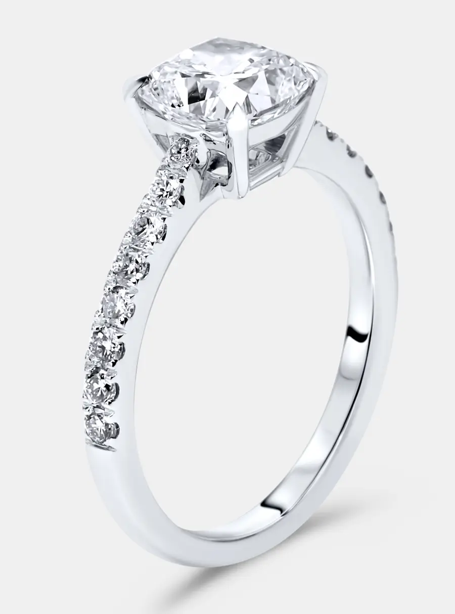 1.8 cts Cushion and Round Lab Grown Diamond 18k White Gold Ring Size 51