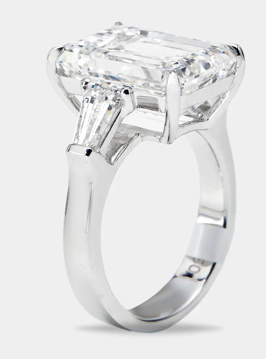 10.00 cts Emerald Cut and Trapezoid Lab Grown Diamond 18k White Gold Ring Size 51