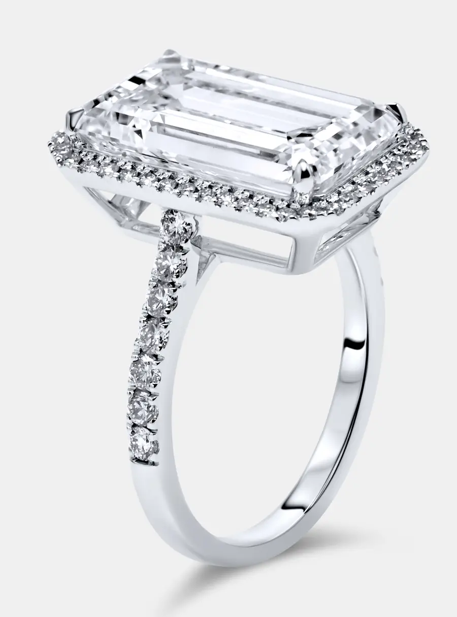 7.59 cts Emerald Cut and Round Lab Grown Diamond 18k White Gold Ring Size 53