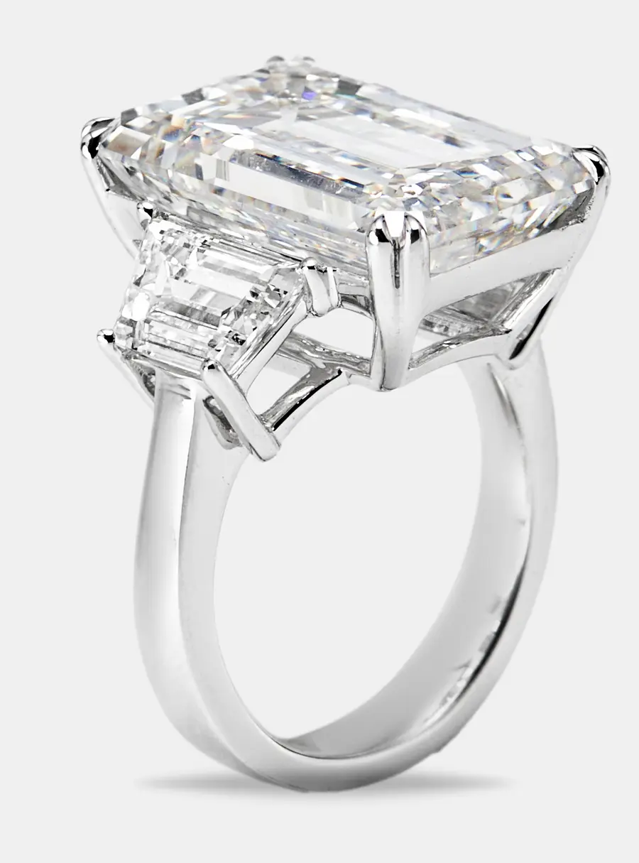 14.00 cts Emerald Cut and Trapezoid Lab Grown Diamond 18k White Gold Ring Size 53