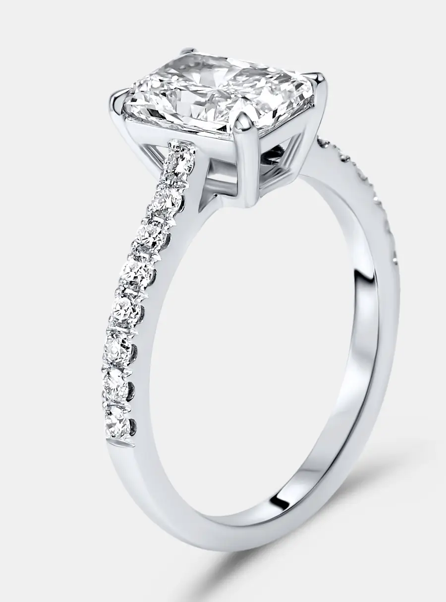 1.9 cts Radiant and Round Lab Grown Diamond 18k White Gold Ring Size 54