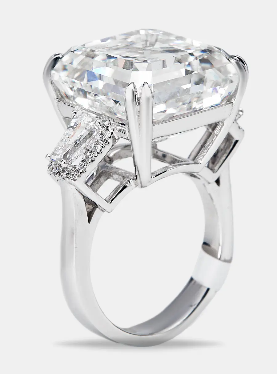 23.2 cts Asscher, Trapezoid and Round Lab Grown Diamond 18k White Gold Ring Size 54