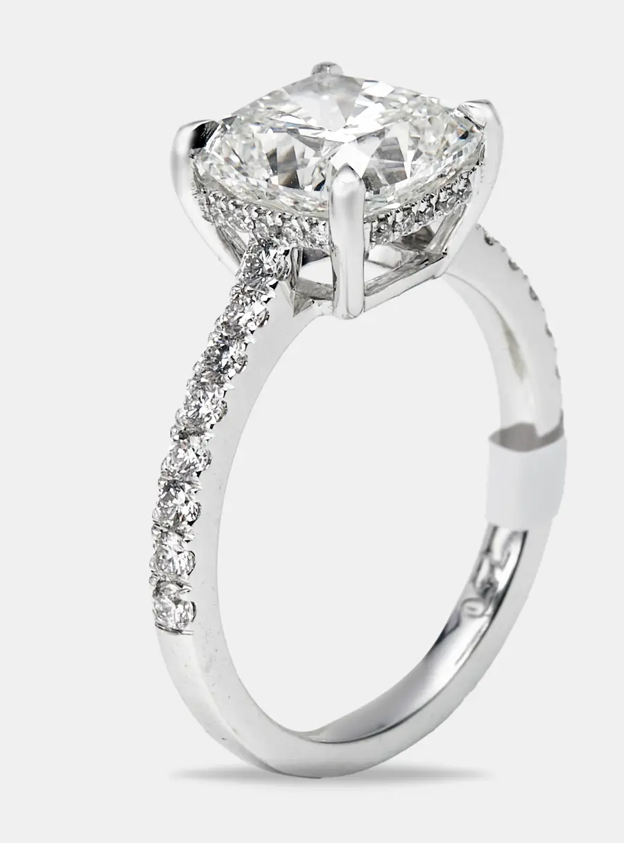3.4 cts Cushion and Round Lab Grown Diamond 18k White Gold Ring Size 54