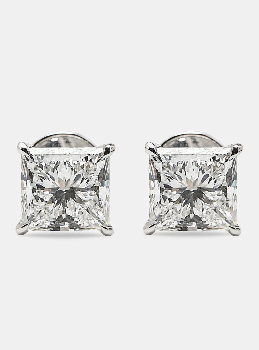 6.00 cts Princess Cut 18k White Gold Lab Grown Diamonds Solitaire Stud Earrings