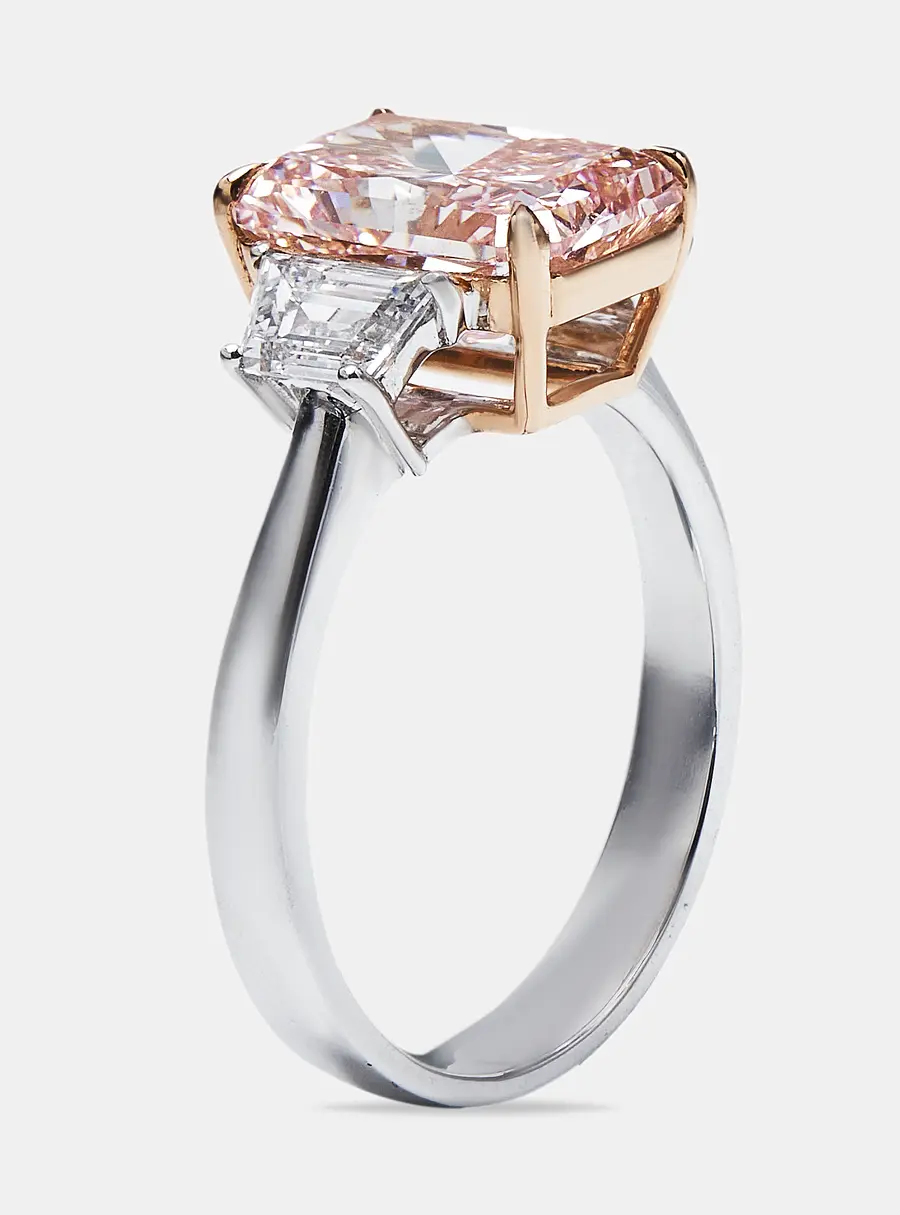 3.70 cts Pink Radiant Cut and Baguette 18k Two Tone Gold Lab Grown Diamonds Ring Size 52