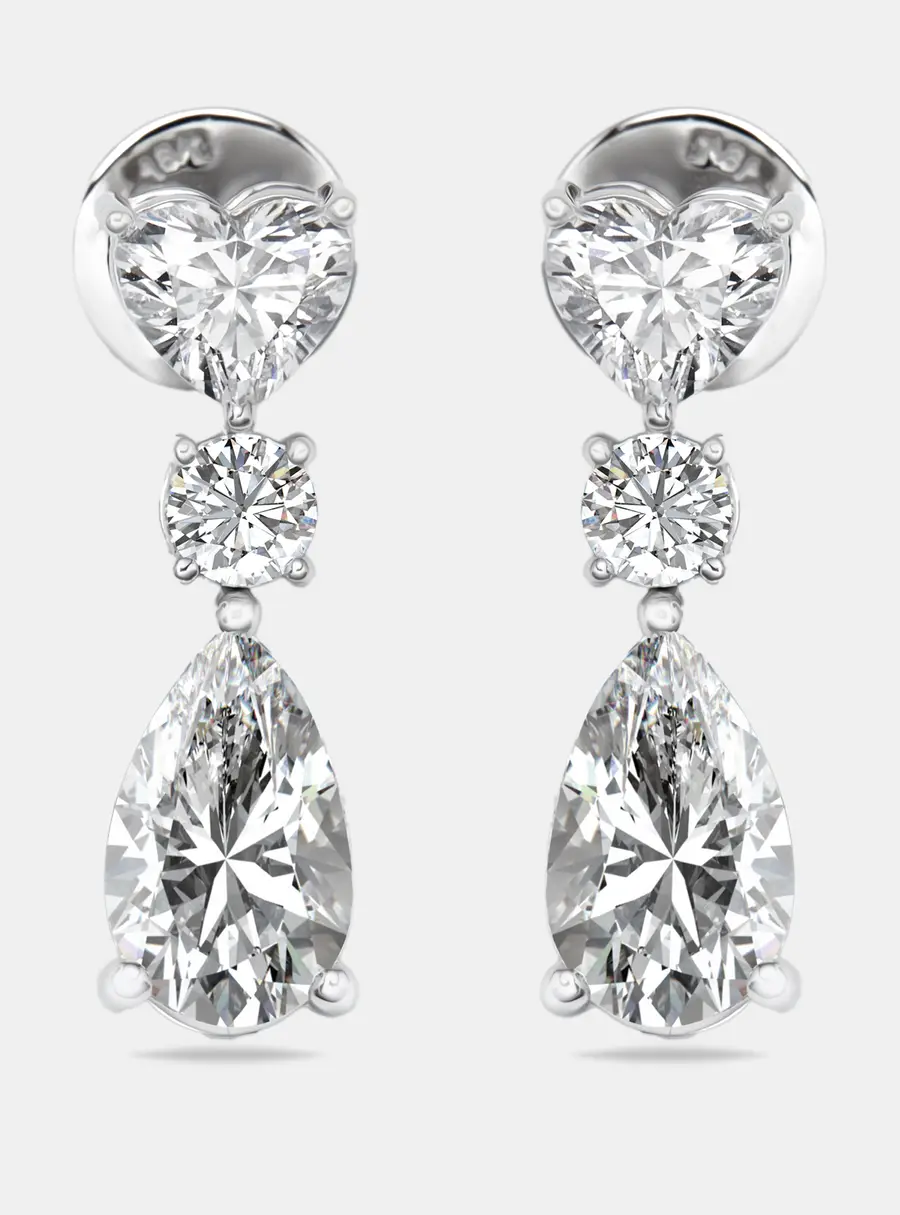 3.7 cts Pear, Round and Heart Lab Grown Diamond 18k White Gold Earrings