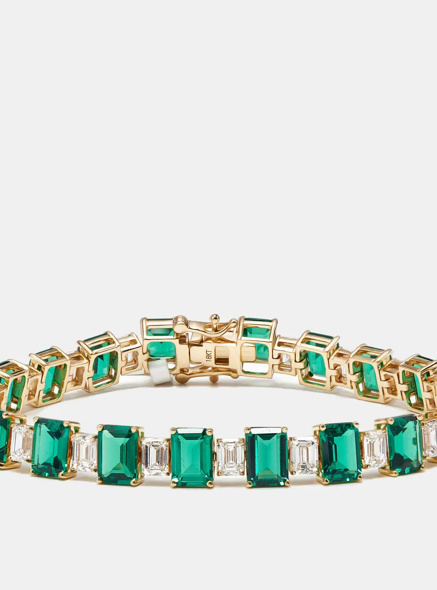 16.5 cts Lab Grown Emerald, Emerald Cut Diamonds 18k Yellow Gold Bracelet