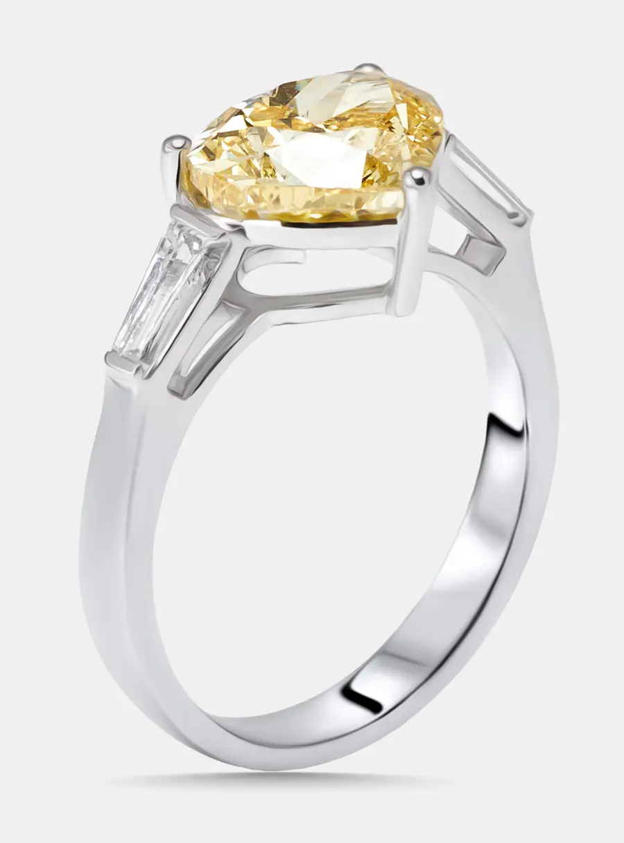 3.4 cts Fancy Yellow Heart, Trapezoid Lab Grown Diamonds 18k White Gold Ring Size 52
