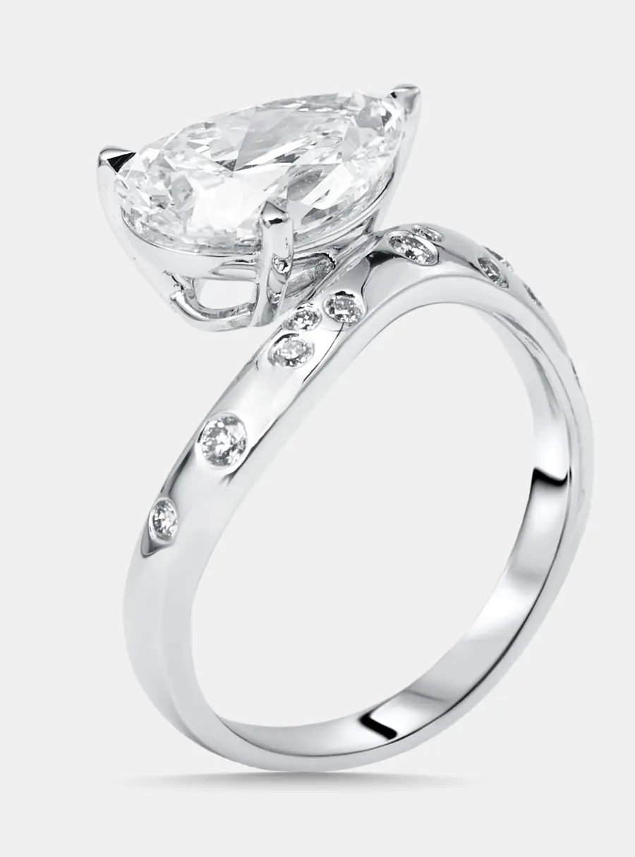 3.2 cts Pear, Round Lab Grown Diamonds 18k White Gold Ring Size 52