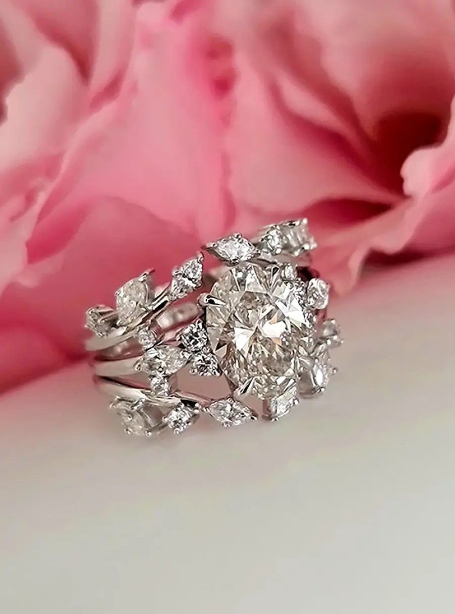 2.6 cts Oval Lab Grown Diamond 14k White Gold Engagement Rings Set Set Size 52