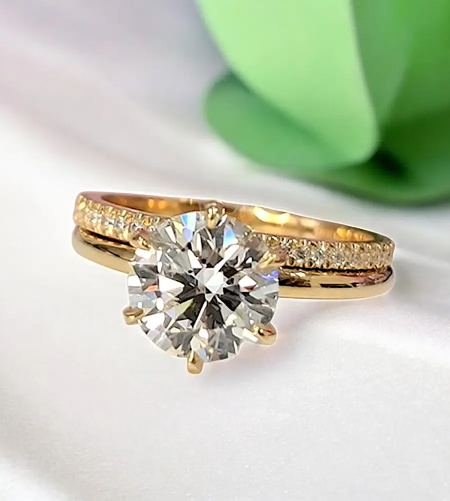 1.71 cts Round Lab Grown Diamond 14k Yellow Gold Rings Set Size 52