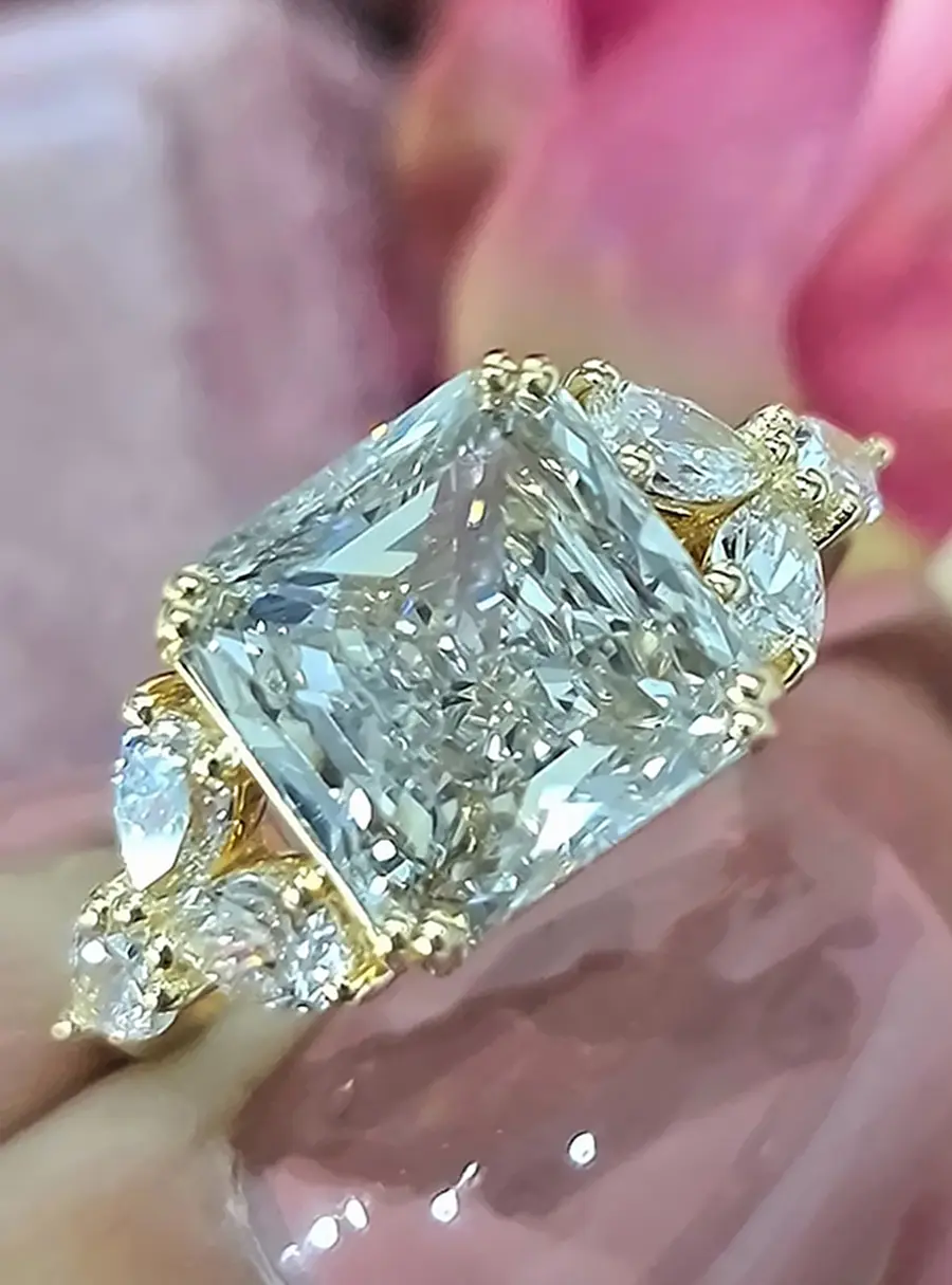 3.4 cts Radiant Cut Lab Grown Diamond 18k Yellow Gold Ring Size 52