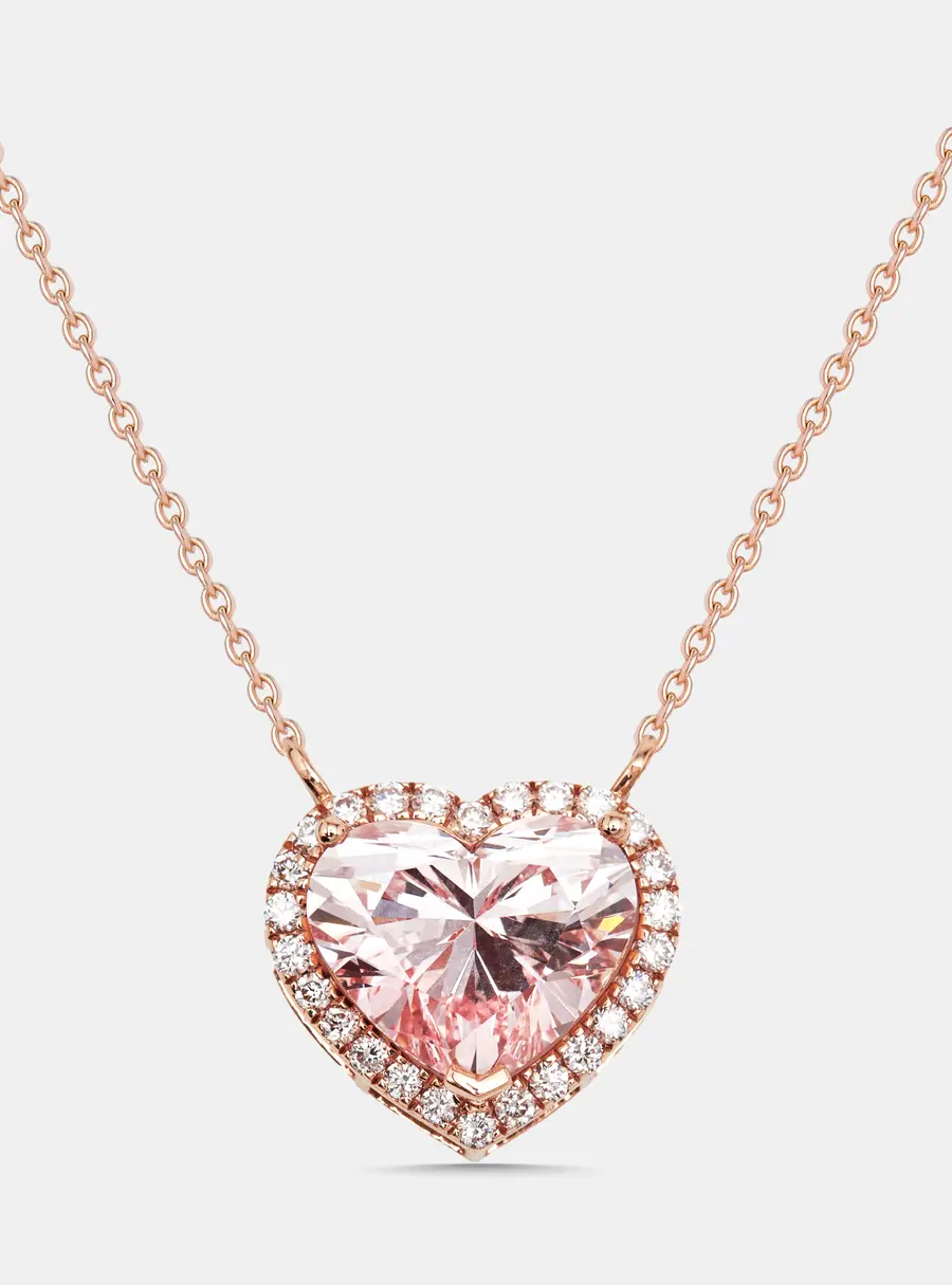 3.8 Cts Pink Heart, Round Lab Grown Diamonds 18k Rose Gold Necklace