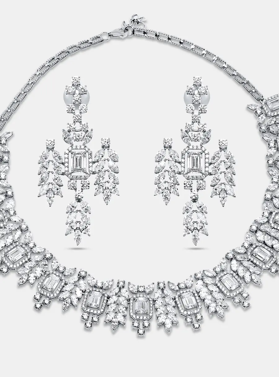 55.46 Cts Marquise Round Emerald 18K White Gold Lab Grown Diamonds Necklace Set