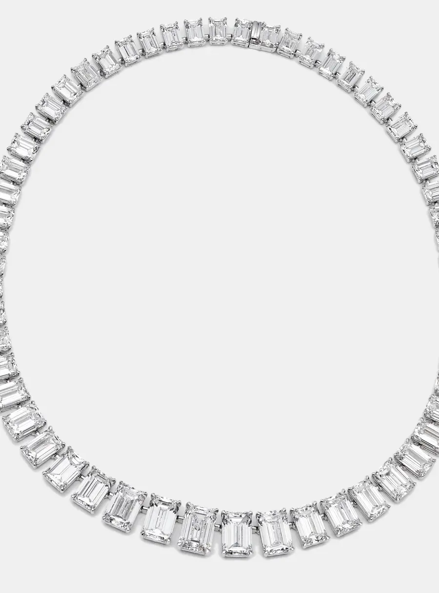 107.13 cts Emerald Cut Lab Grown Diamond 18k White Gold Necklace