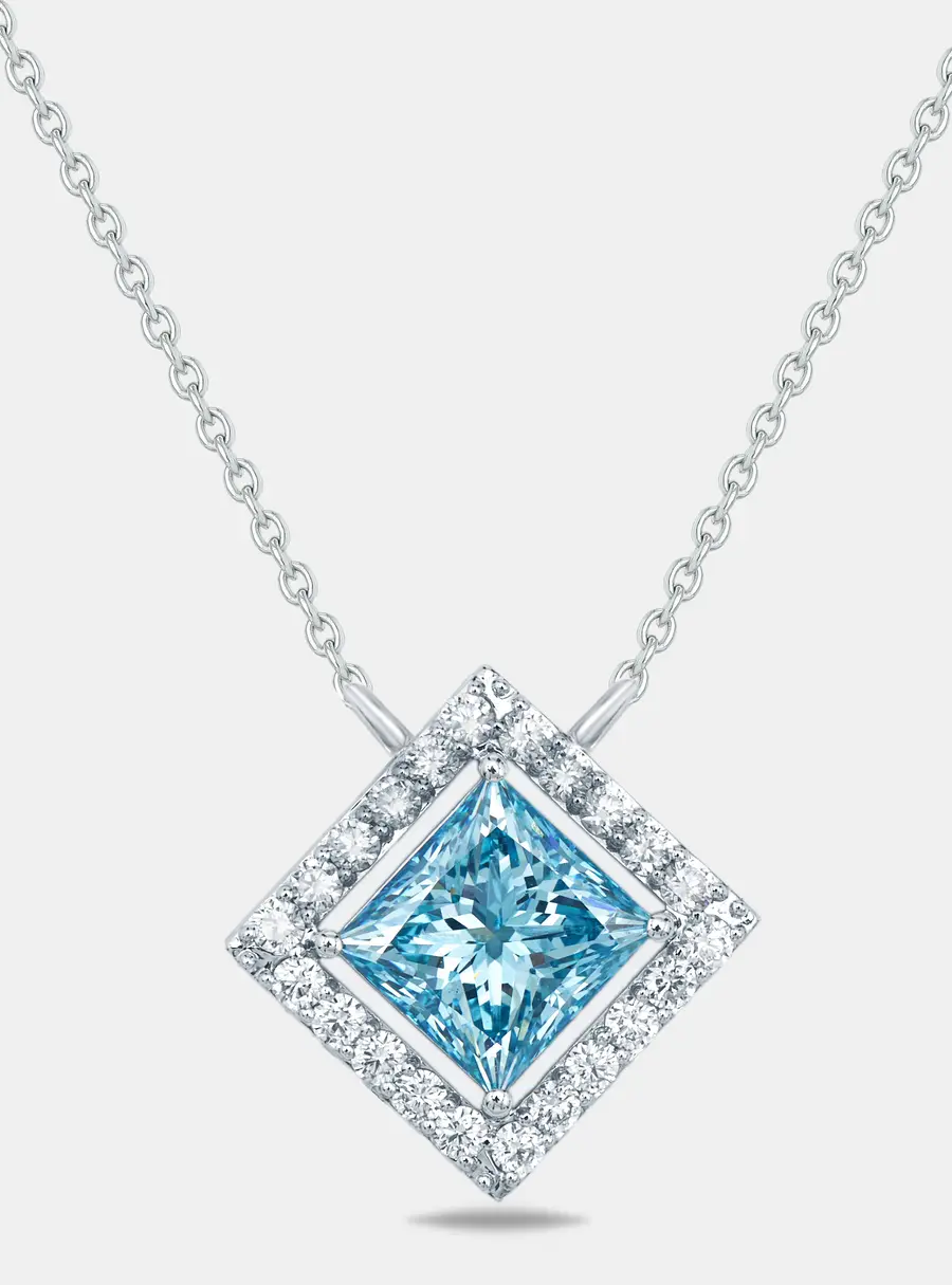 3.5 cts Blue Princess Round Lab Grown Diamond 18k White Gold Necklace