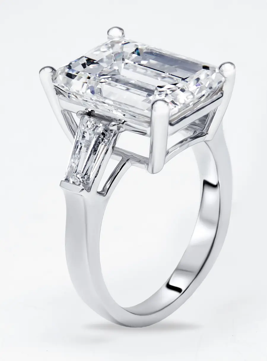 10 cts Emerald Cut Trapezoid Lab Grown Diamond 18k White Gold Ring Size 52