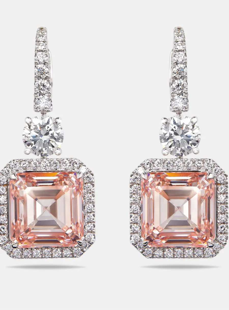 23.4 cts Pink Asscher Cut Round Lab Grown Diamonds 18k White Gold Earrings
