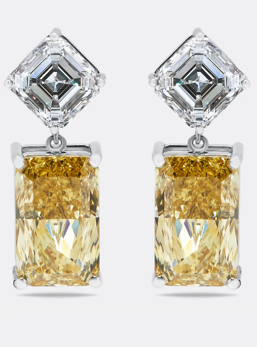 28.2 cts Fancy Yellow Radiant Asscher Lab Grown Diamonds 18k White Gold Earrings