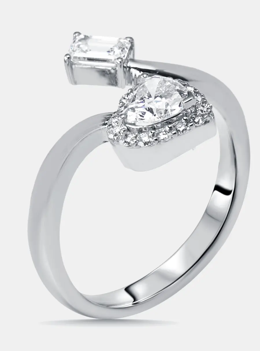 1 cts Heart, Emerald Cut, Round Lab Grown Diamonds 18k White Gold Ring Size 50