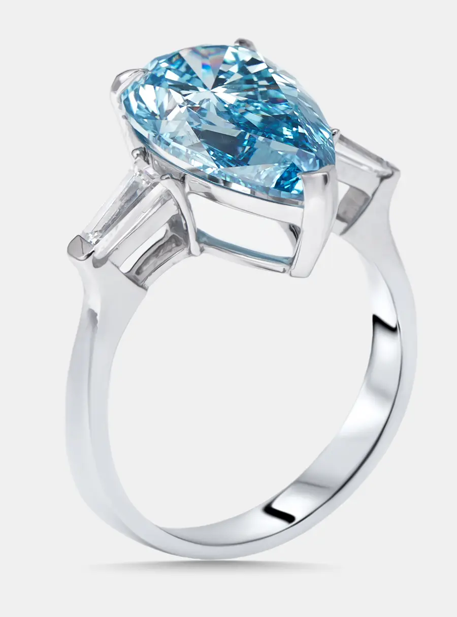 5.1 cts Vivid Blue Pear, Trapazoid Lab Grown Diamonds 18k White Gold Ring Size 50