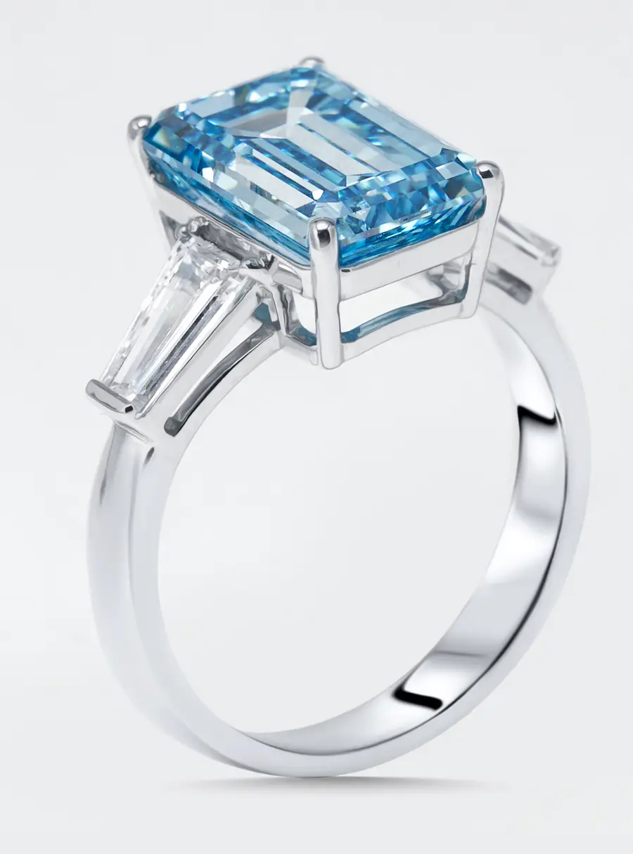 5.8 cts Vivid Blue Emerald Cut, Trapezoid Lab Grown Diamonds 18k White Gold Ring Size 50
