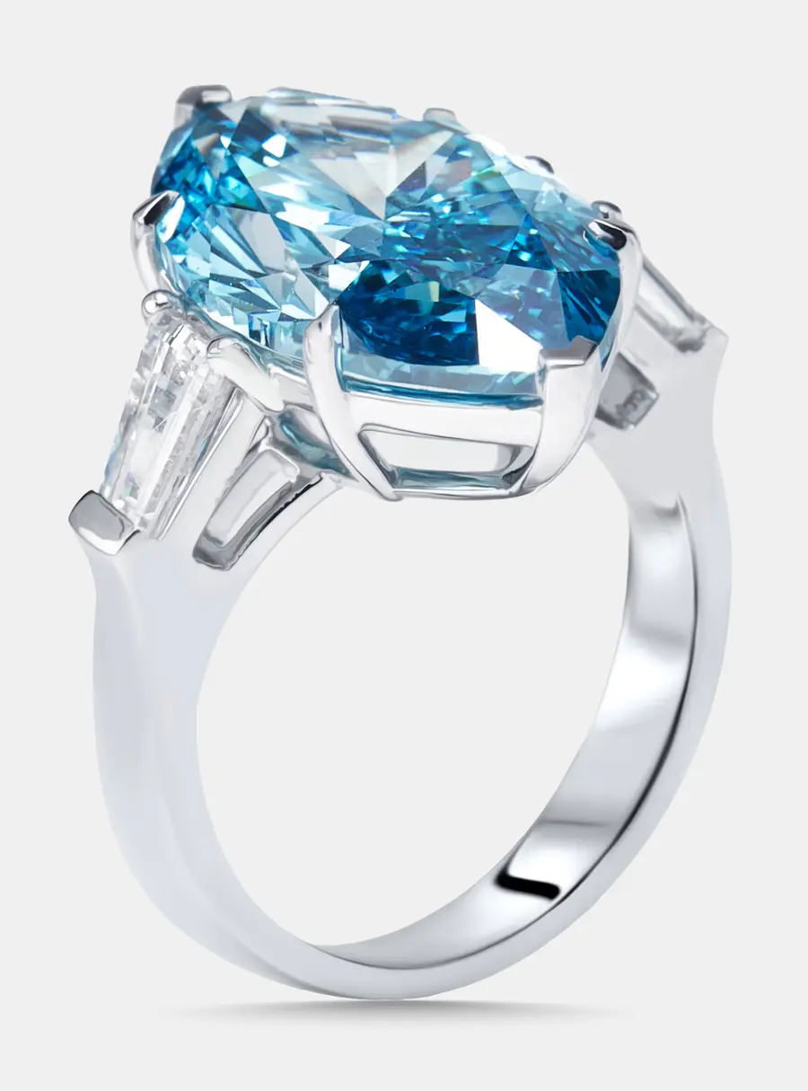 11.03 cts Vivid Blue Marquise, Trapazoid Lab Grown Diamonds 18k White Gold Ring Size 51