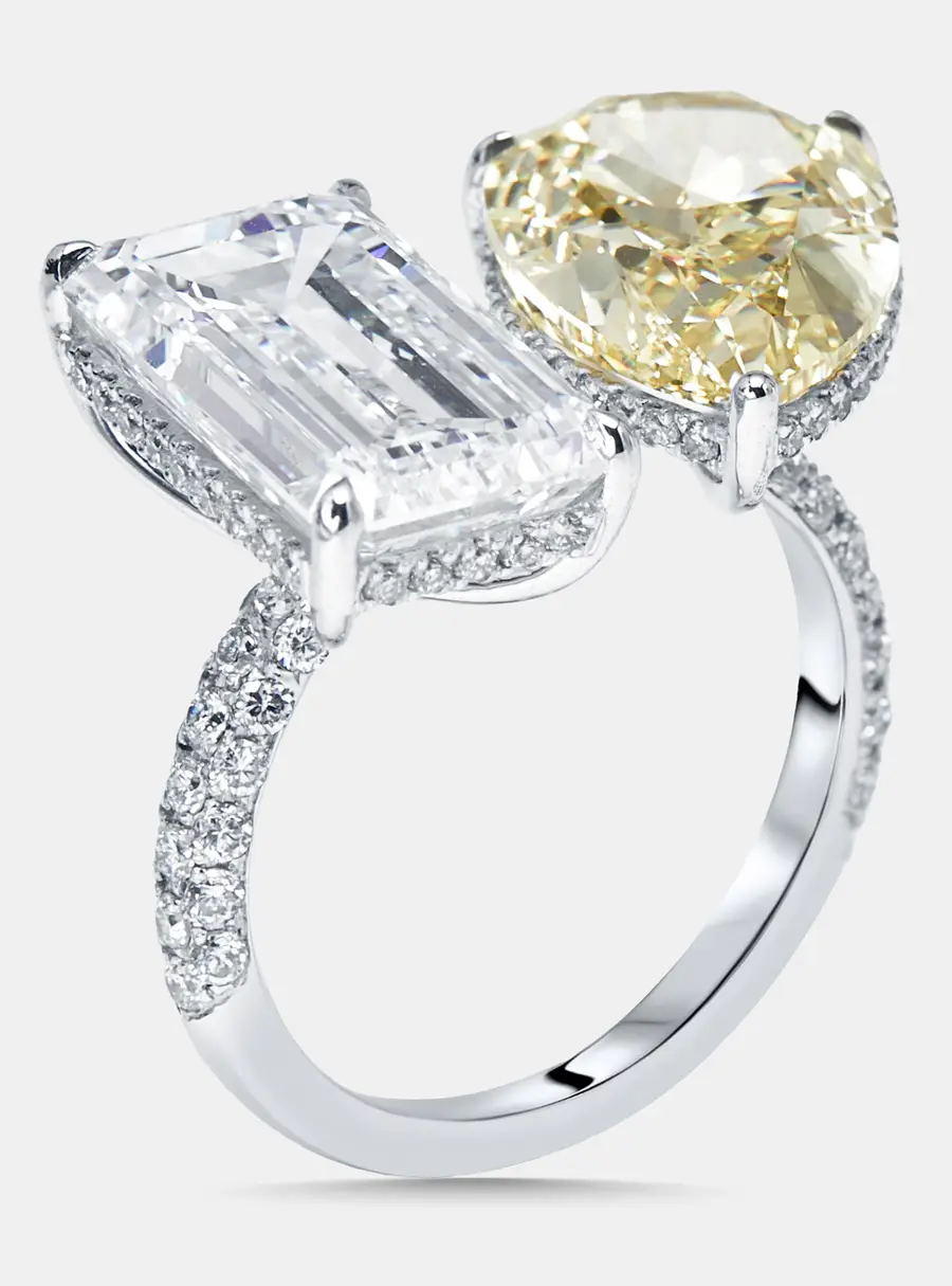 12.8 cts Fancy Yellow Pear, Emerald Cut, Round Lab Grown Diamonds 18k White Gold Ring Size 52