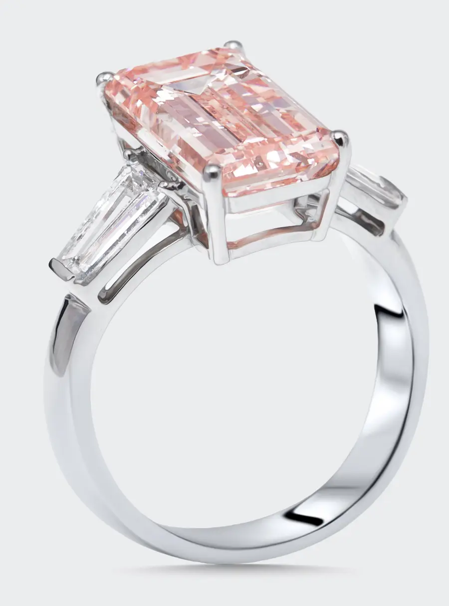 5.8 cts Pink Emerald Cut, Trapezoid Lab Grown Diamonds 18k White Gold Ring Size 52