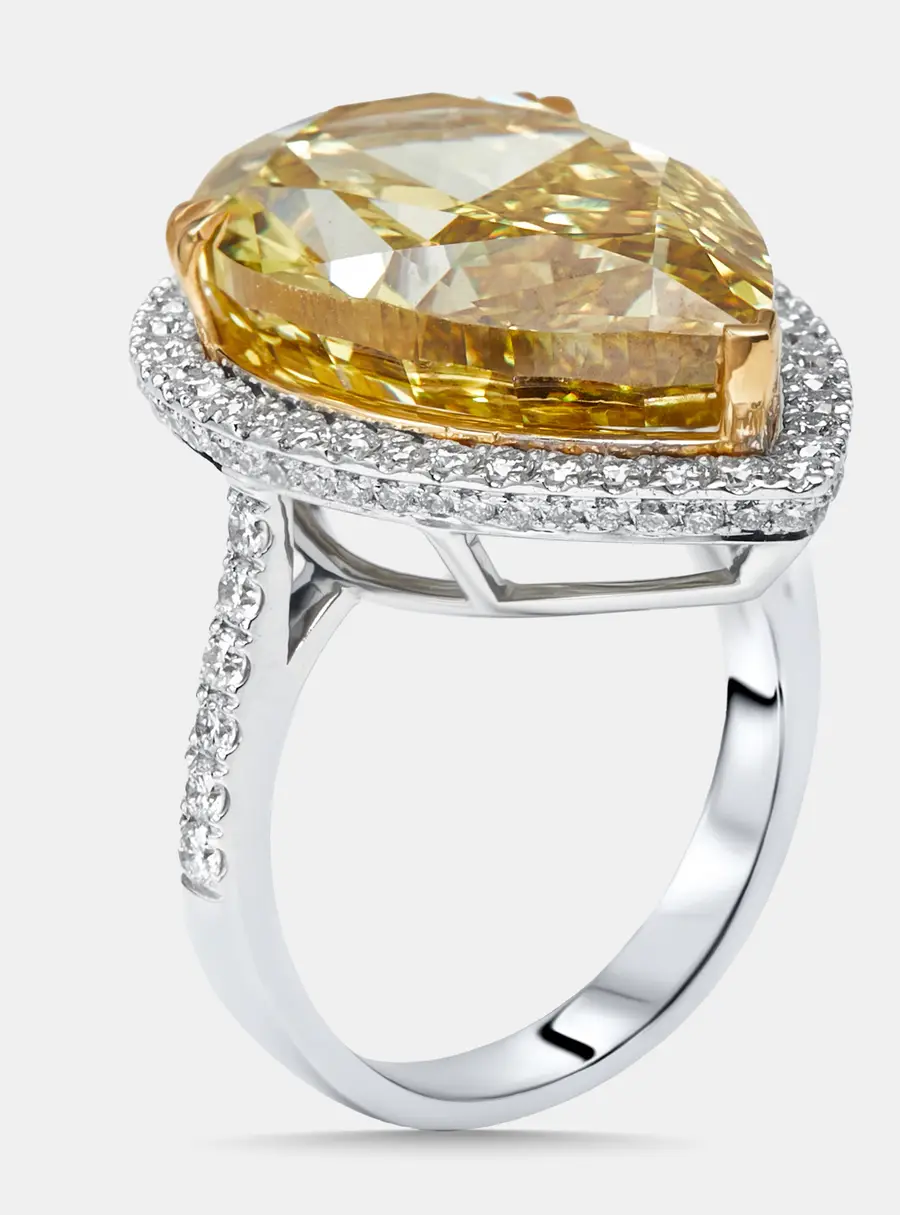 16.5 cts Fancy Yellow Pear, Round Lab Grown Diamonds 18k Two Tone Gold Ring Size 53