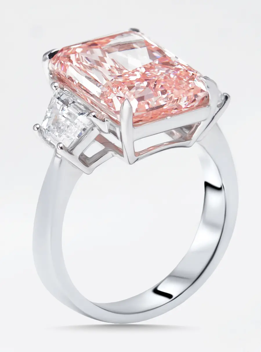8.1 cts Pink Radiant, Trapazoid Lab Grown Diamonds 18k White Gold Ring Size 52